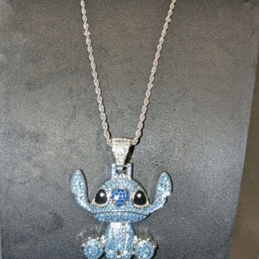 Stitch Character Rhinestone Pendant On Silver Tone Hip Hop Necklace 24